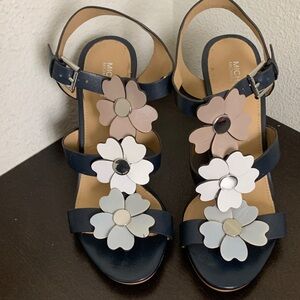 Michael Kors Navy Sandals with Pink, White, and Light Gray Flower Appliqués